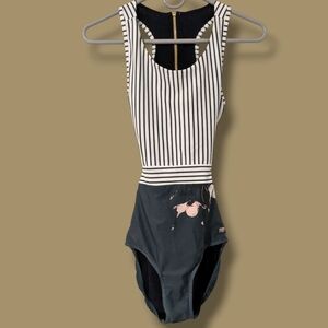 Albion Teal Floral Stripe Scoop Neck Open Tie Back Bon Voyage One-Piece Swimsuit